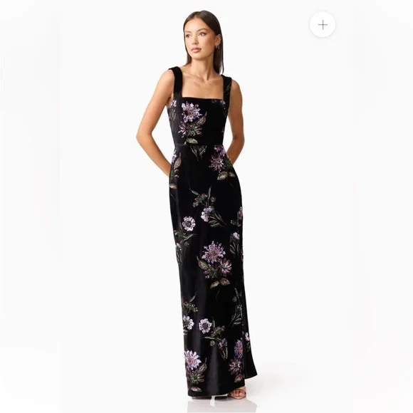 elliatt clio black purple 3d sequin flower embroidered velvet maxi gown dress XL - Picture 3 of 15